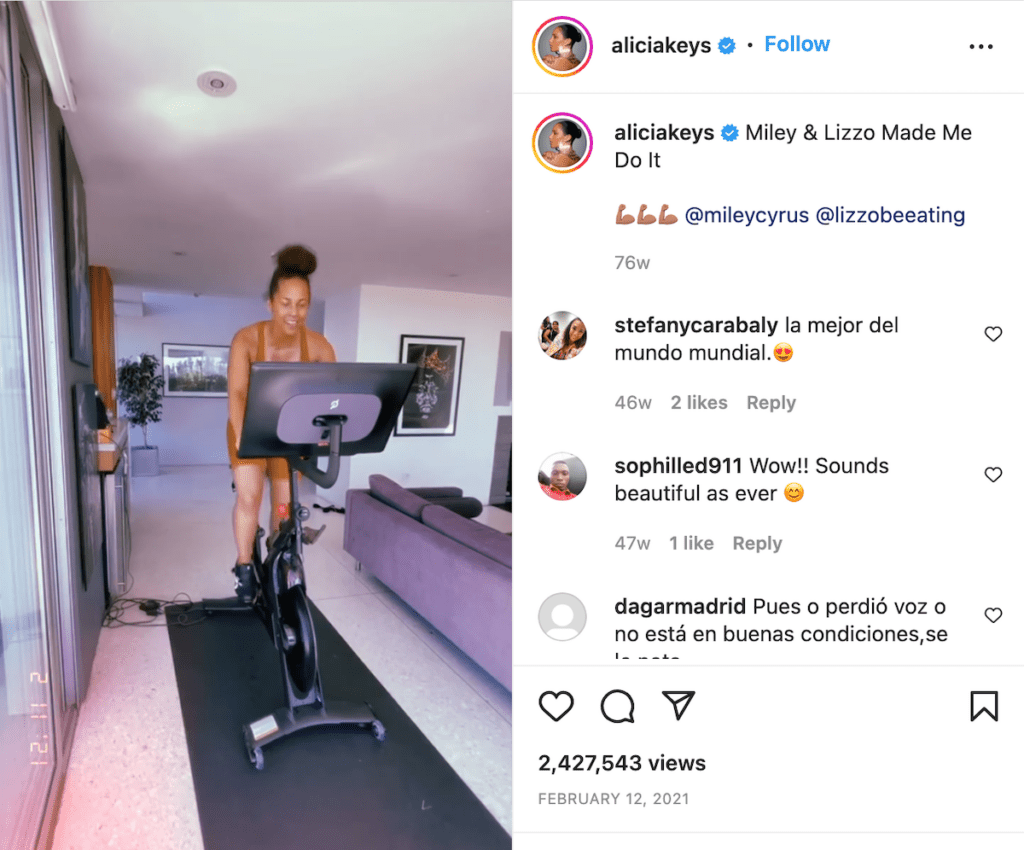 alicia keys on peloton bike full instagram post