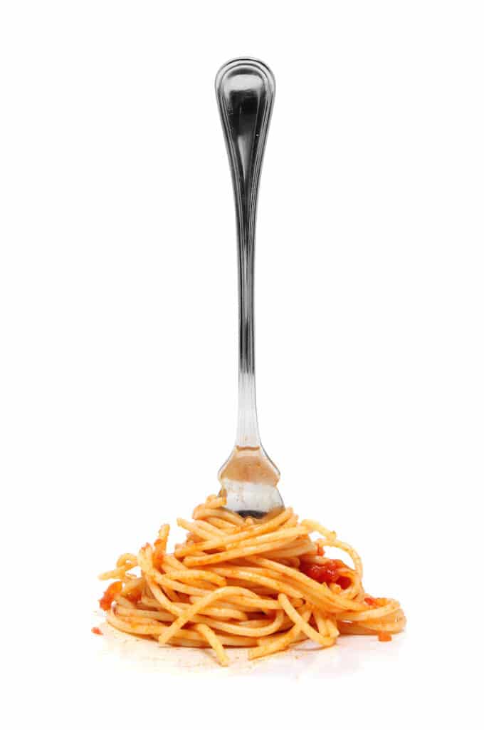 Spaghetti twirled on a fork